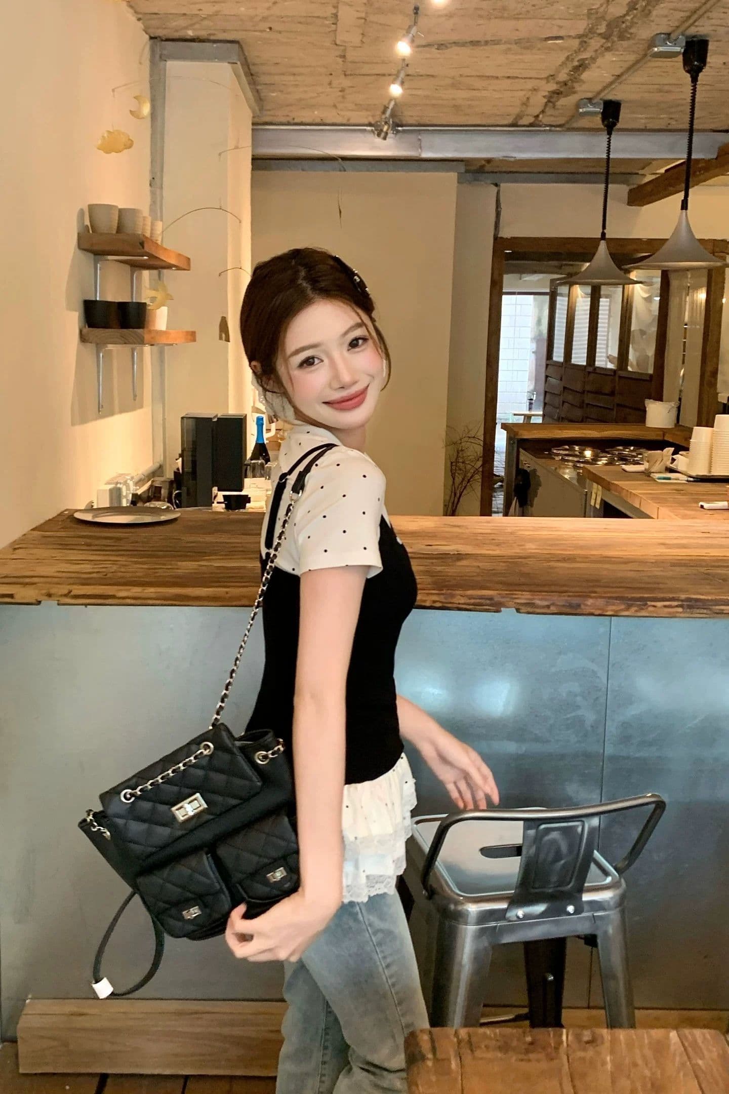 달콤한 핫걸 도트 무늬 페이크 레이어드 반팔 티셔츠 여성 여름 새로운 한 부서 달콤함 부드러운 몸매 가꾸기 슬림해 보이는 맨위 ins 상세 이미지 3