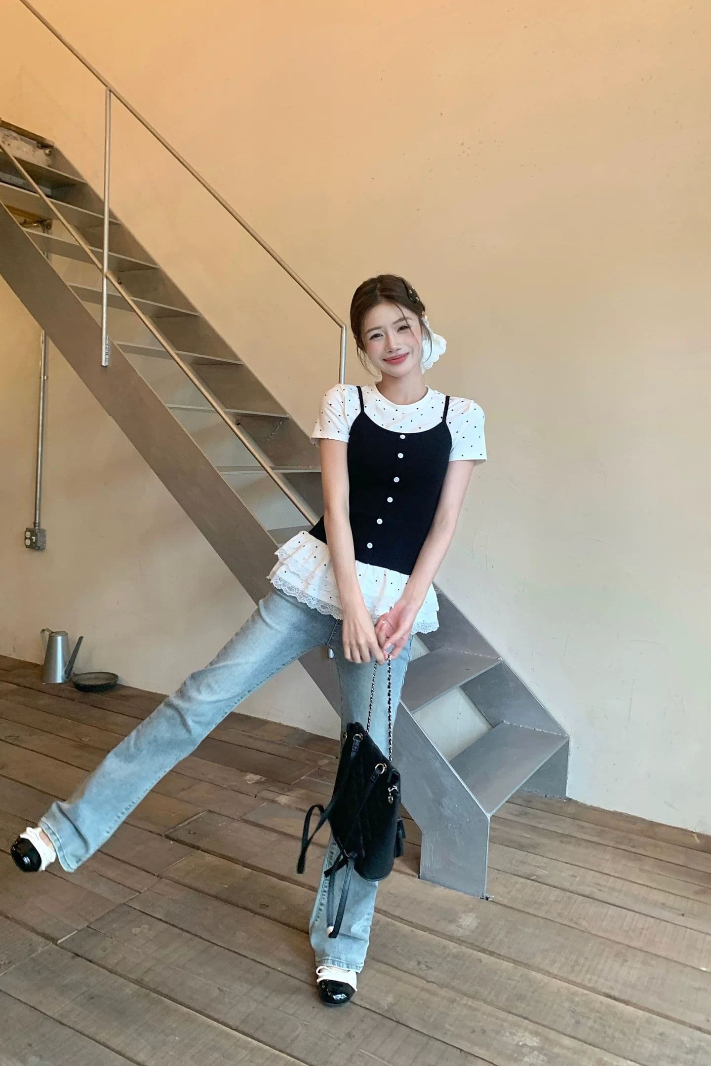 달콤한 핫걸 도트 무늬 페이크 레이어드 반팔 티셔츠 여성 여름 새로운 한 부서 달콤함 부드러운 몸매 가꾸기 슬림해 보이는 맨위 ins 상세 이미지 5