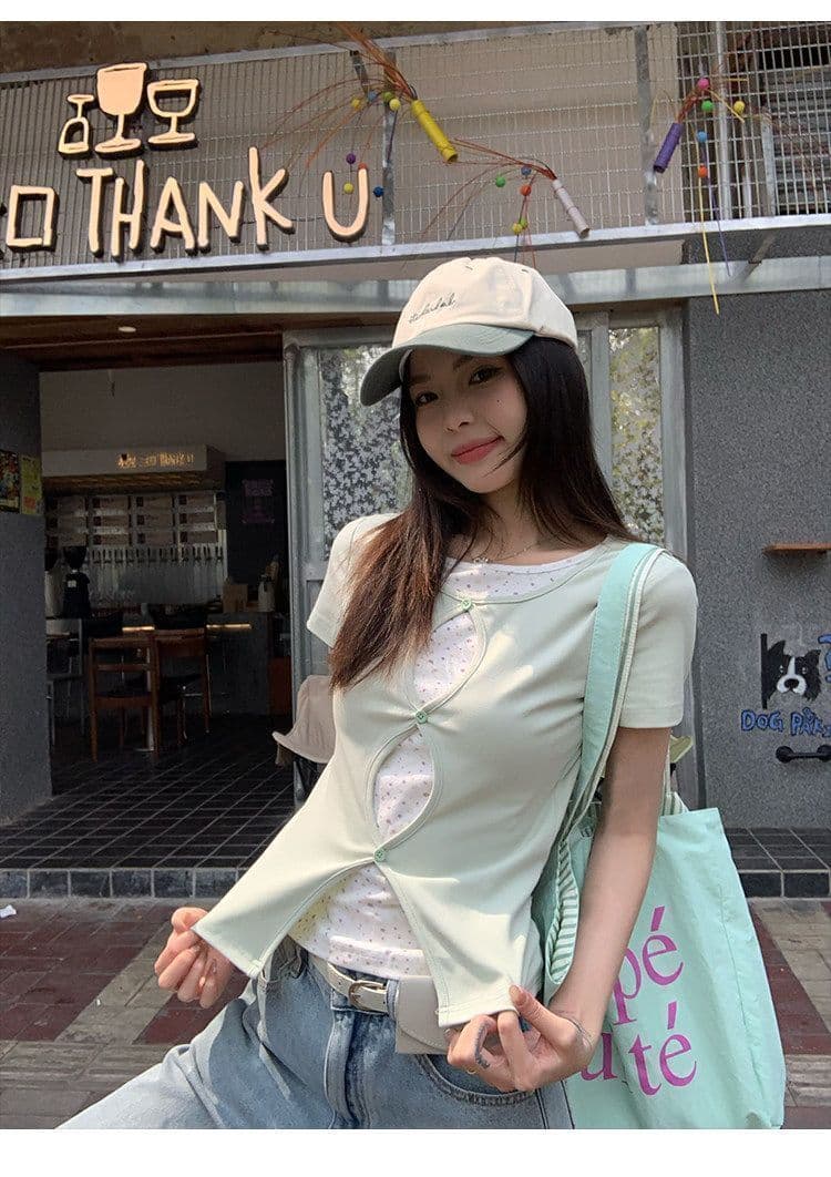디자인 센스 페이크 레이어드 홀로우 아웃 패치워크 꽃무늬 긍정적 인 어깨 반팔 티셔츠 여성 여름 몸매 가꾸기 슬림해 보이는 품격 연령 감소 맨위 상세 이미지 12