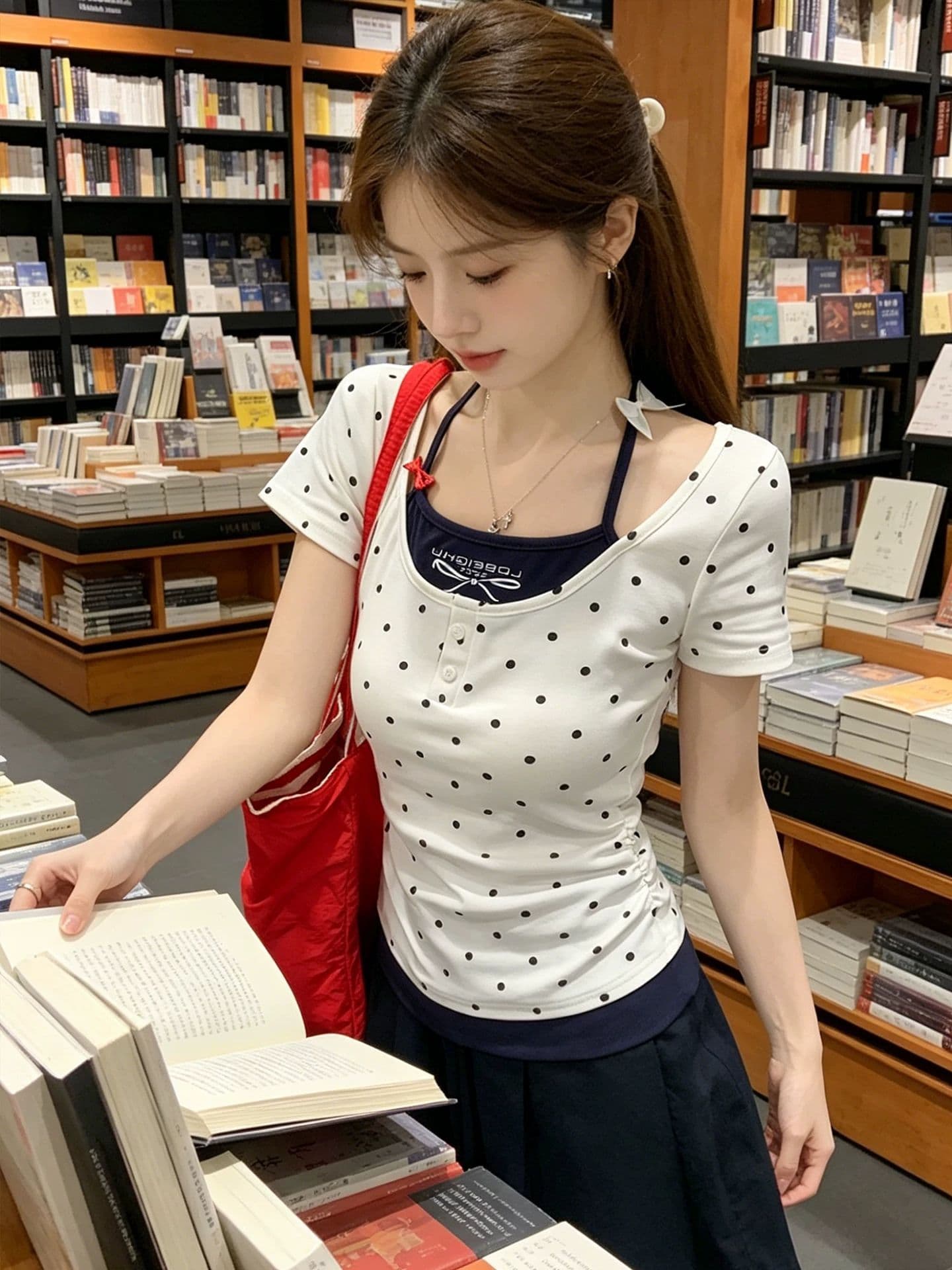 핫걸 도트 무늬 반팔 티셔츠 여성 여름 몸매 가꾸기 허리 수축 긍정적 인 어깨 한 부서 작은 대중 디자인 센스 행침 목 페이크 레이어드 맨위 상세 이미지 4