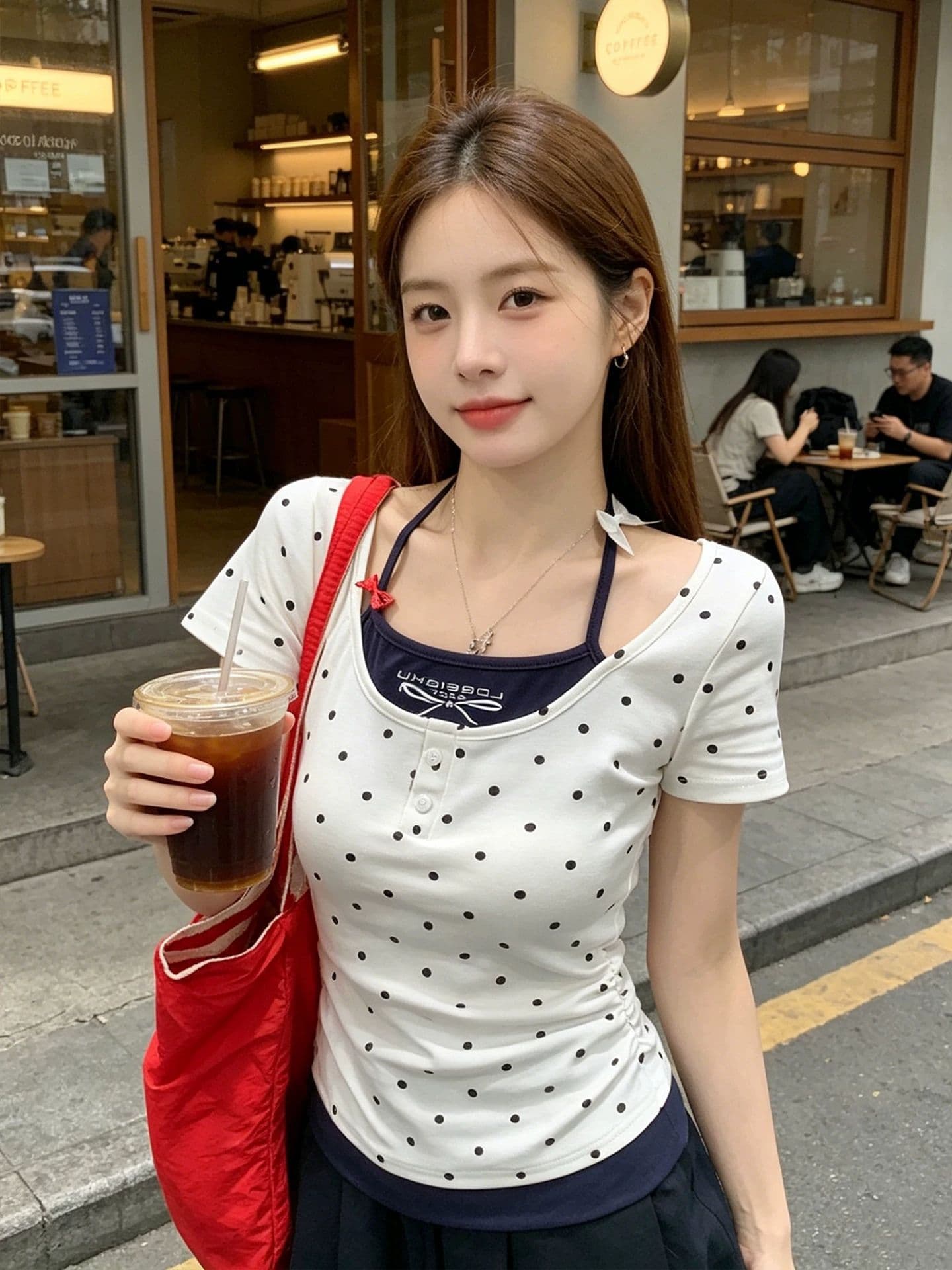 핫걸 도트 무늬 반팔 티셔츠 여성 여름 몸매 가꾸기 허리 수축 긍정적 인 어깨 한 부서 작은 대중 디자인 센스 행침 목 페이크 레이어드 맨위 상세 이미지 6