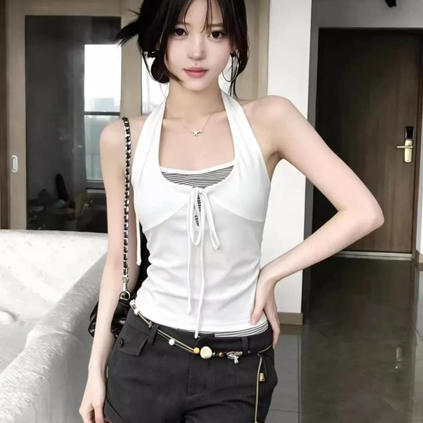 아메리칸 순수한 욕망 인사이드 가져 가라. 행침 목 맨위 여성 여름 새로운 페이크 레이어드 스트라이프 조끼 핫걸 아름다움 뒤로 외출용 슬립 이미지 3