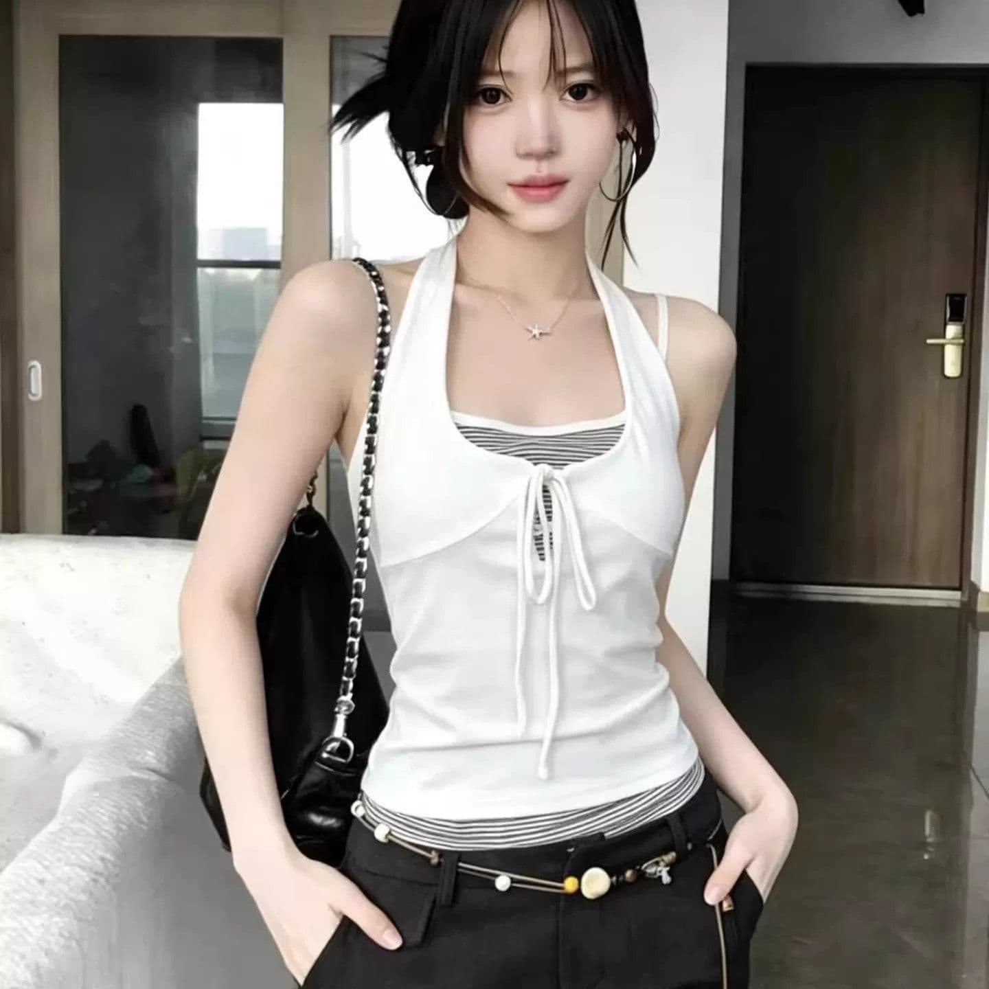 아메리칸 순수한 욕망 인사이드 가져 가라. 행침 목 맨위 여성 여름 새로운 페이크 레이어드 스트라이프 조끼 핫걸 아름다움 뒤로 외출용 슬립 이미지 2