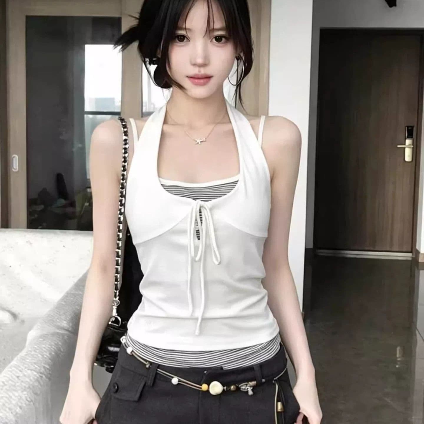 아메리칸 순수한 욕망 인사이드 가져 가라. 행침 목 맨위 여성 여름 새로운 페이크 레이어드 스트라이프 조끼 핫걸 아름다움 뒤로 외출용 슬립