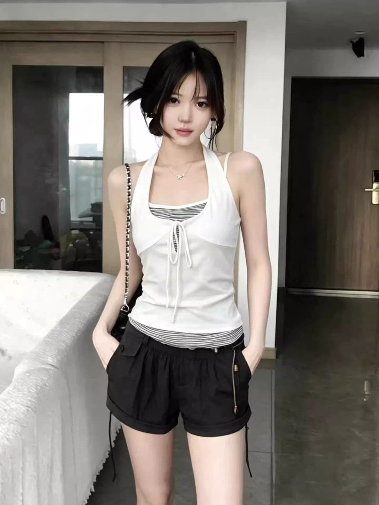 아메리칸 순수한 욕망 인사이드 가져 가라. 행침 목 맨위 여성 여름 새로운 페이크 레이어드 스트라이프 조끼 핫걸 아름다움 뒤로 외출용 슬립 상세 이미지 1