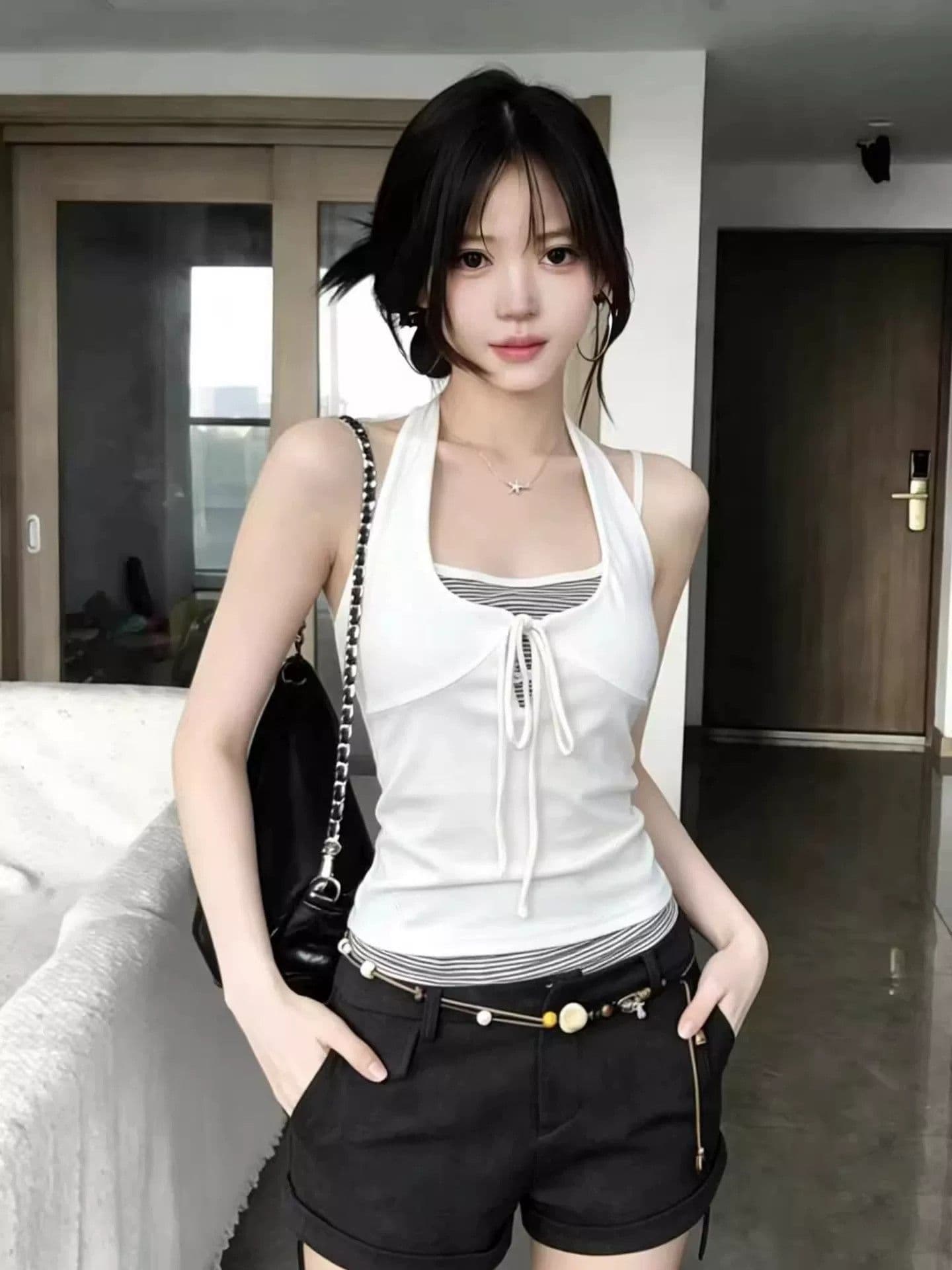 아메리칸 순수한 욕망 인사이드 가져 가라. 행침 목 맨위 여성 여름 새로운 페이크 레이어드 스트라이프 조끼 핫걸 아름다움 뒤로 외출용 슬립 상세 이미지 2