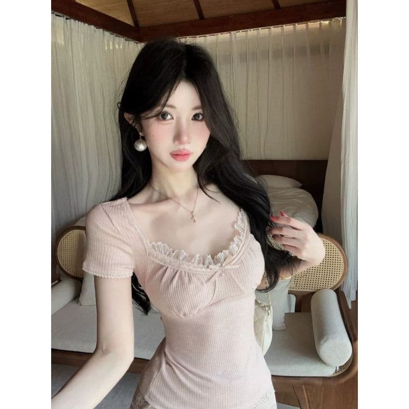 원본 원단 것 한 부서 부드러운 레이스 조각 리브 순수한 욕망 바람 핑크색 레이스 반팔 티셔츠 여성 의류 여름 이미지 3