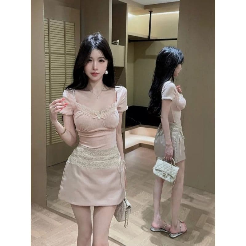 원본 원단 것 한 부서 부드러운 레이스 조각 리브 순수한 욕망 바람 핑크색 레이스 반팔 티셔츠 여성 의류 여름 이미지 4