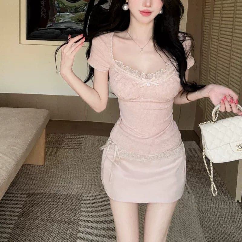 원본 원단 것 한 부서 부드러운 레이스 조각 리브 순수한 욕망 바람 핑크색 레이스 반팔 티셔츠 여성 의류 여름 상세 이미지 1