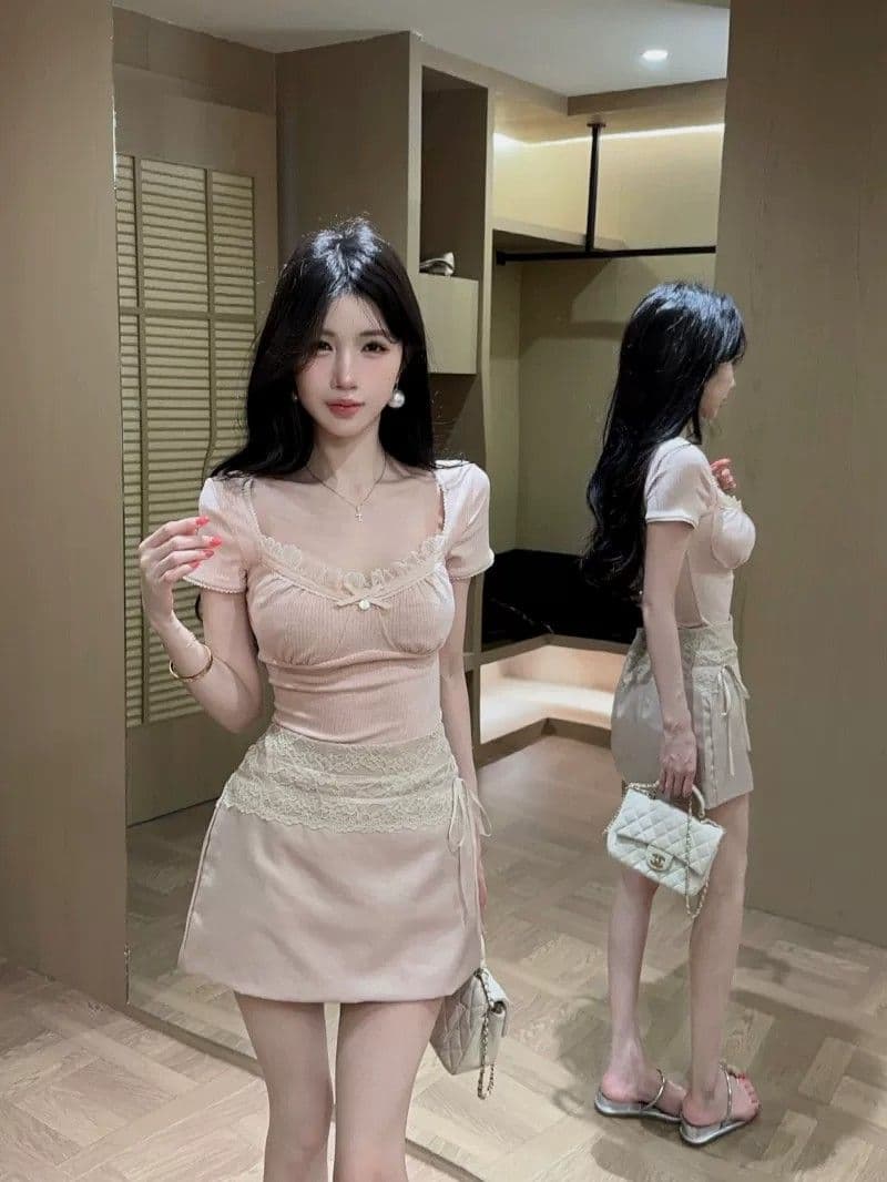 원본 원단 것 한 부서 부드러운 레이스 조각 리브 순수한 욕망 바람 핑크색 레이스 반팔 티셔츠 여성 의류 여름 상세 이미지 2