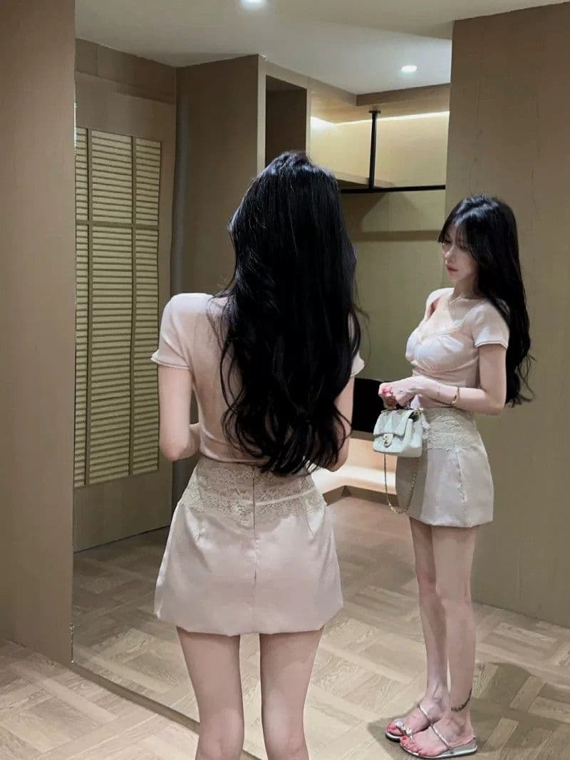 원본 원단 것 한 부서 부드러운 레이스 조각 리브 순수한 욕망 바람 핑크색 레이스 반팔 티셔츠 여성 의류 여름 상세 이미지 4