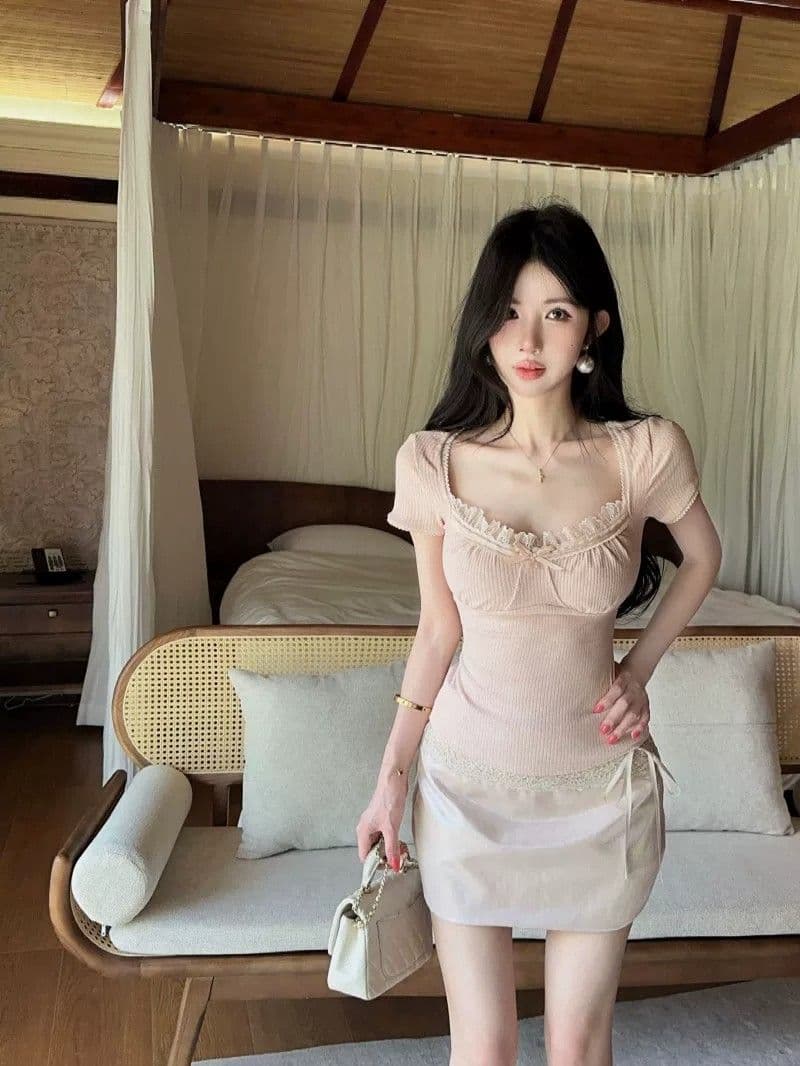 원본 원단 것 한 부서 부드러운 레이스 조각 리브 순수한 욕망 바람 핑크색 레이스 반팔 티셔츠 여성 의류 여름 상세 이미지 7