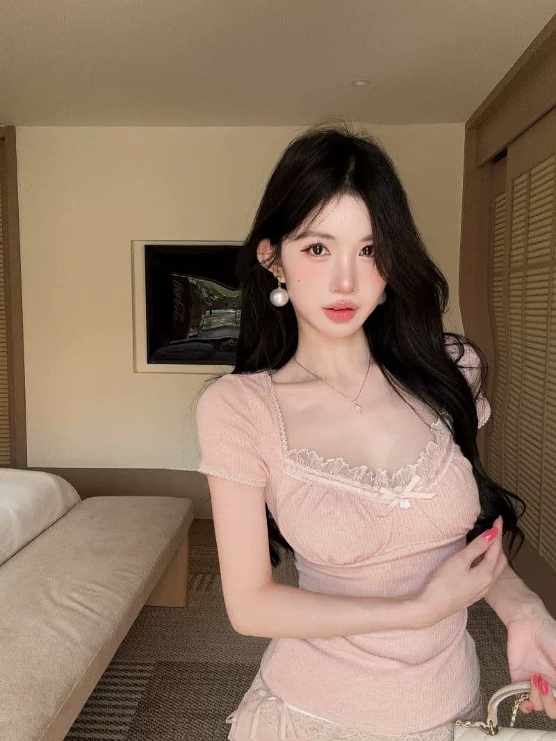 원본 원단 것 한 부서 부드러운 레이스 조각 리브 순수한 욕망 바람 핑크색 레이스 반팔 티셔츠 여성 의류 여름 상세 이미지 8