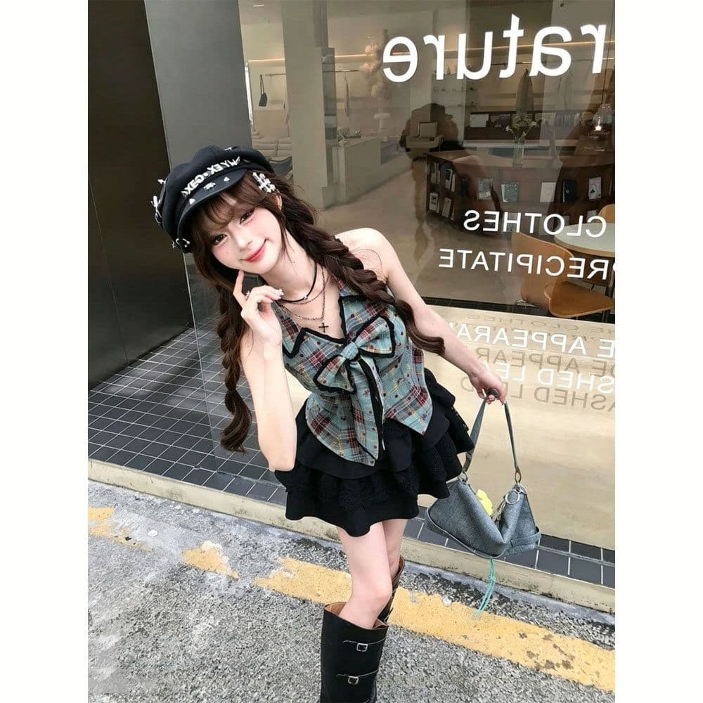 프랑스식 순수한 욕망 나비 매듭 체크무늬 맨위 케이크 드레스 두 조각 여성 세트 여름 작은 키 슬림해 보이는 디자인 센스 세트 이미지 4