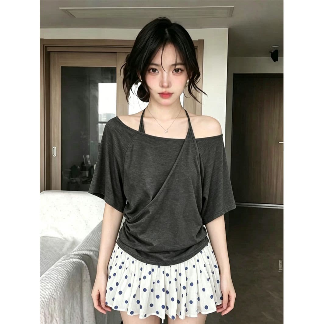 원본 품질 한 부서 행침 목 슬립 패치워크 반팔 티셔츠 여성 불규칙 십자가 보트넥 맨위
