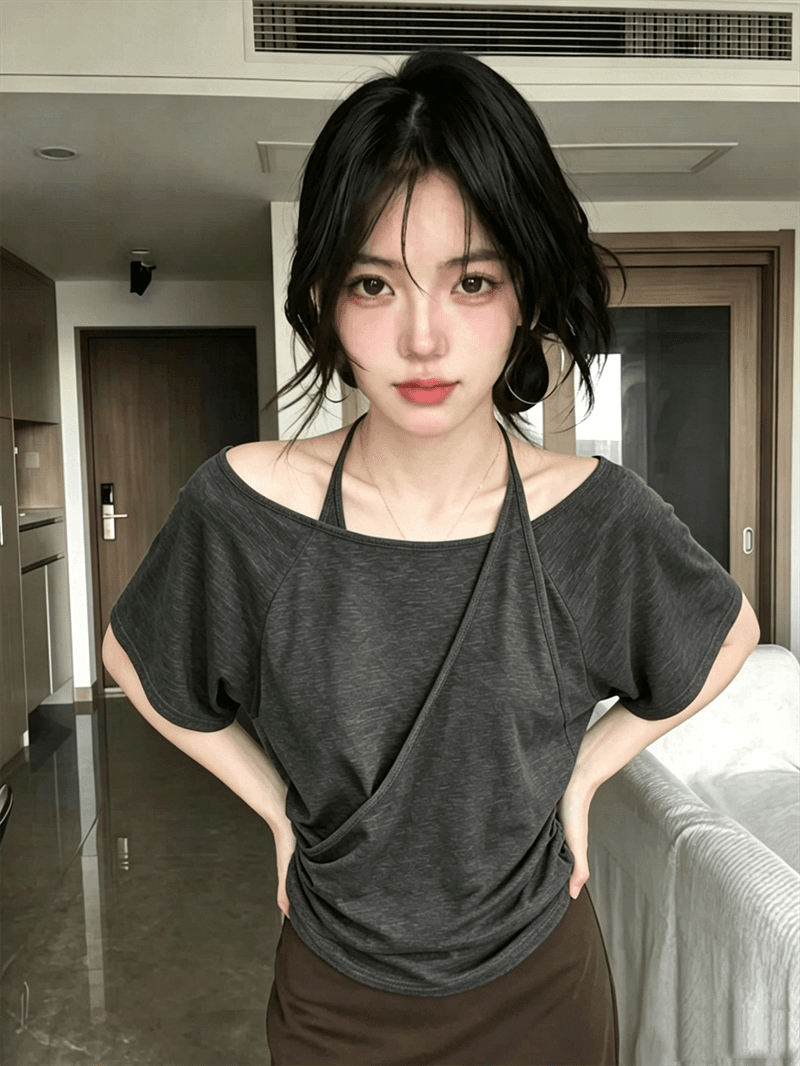원본 품질 한 부서 행침 목 슬립 패치워크 반팔 티셔츠 여성 불규칙 십자가 보트넥 맨위 상세 이미지 4