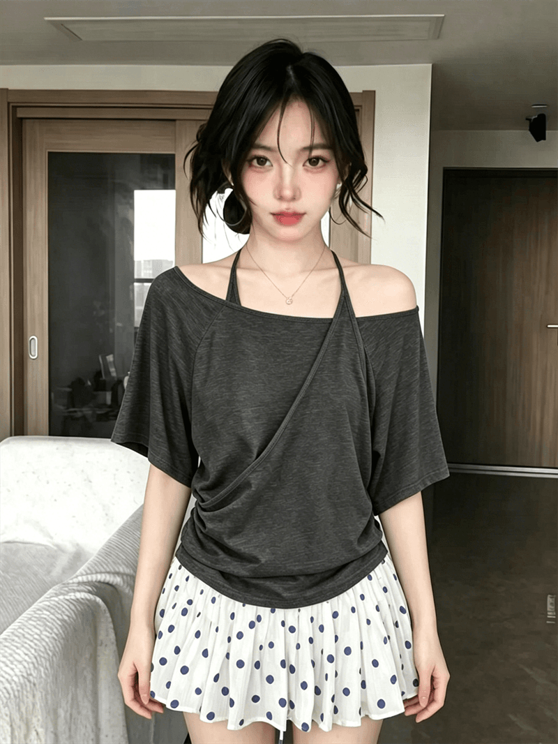 원본 품질 한 부서 행침 목 슬립 패치워크 반팔 티셔츠 여성 불규칙 십자가 보트넥 맨위 상세 이미지 5