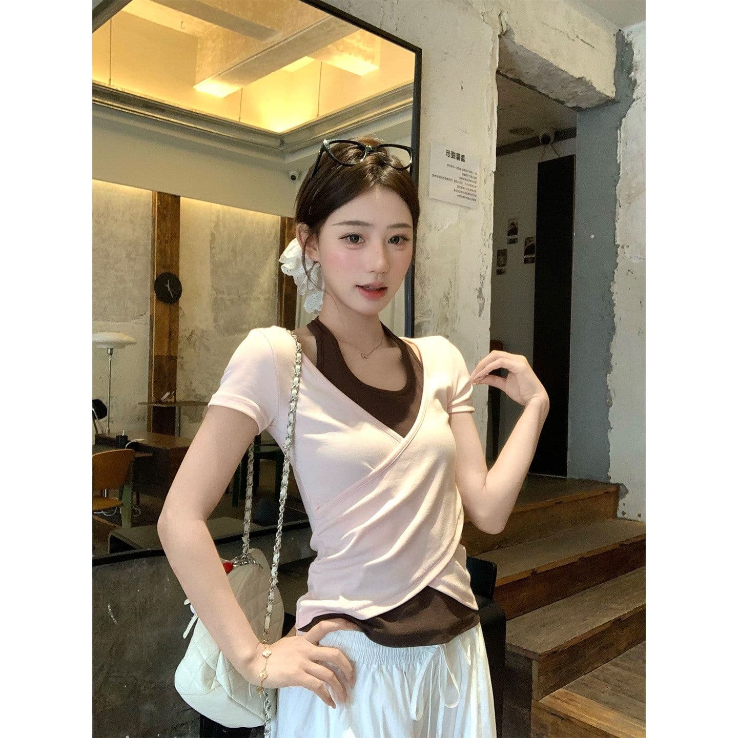 원본 사람들 면 260 그램 한 부서 녹색 페이크 레이어드 행침 목 티셔츠 여름 쇼트 스타일 핫걸 작은 맨위 이미지 4