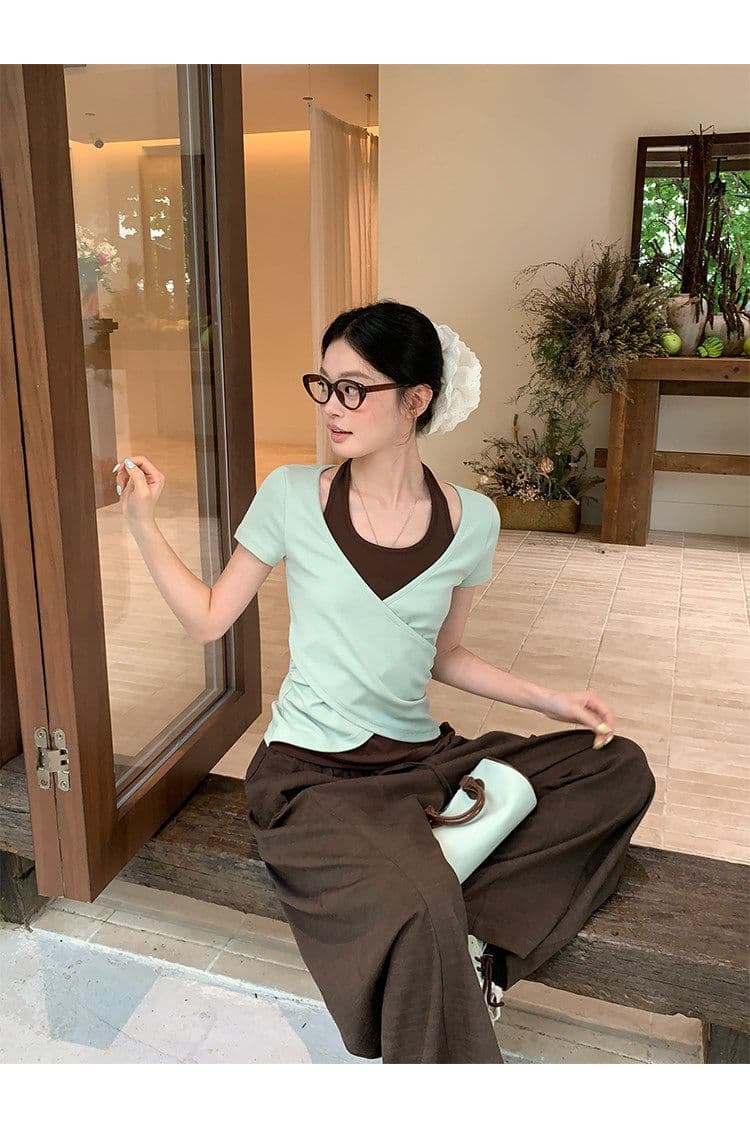 원본 사람들 면 260 그램 한 부서 녹색 페이크 레이어드 행침 목 티셔츠 여름 쇼트 스타일 핫걸 작은 맨위 상세 이미지 4