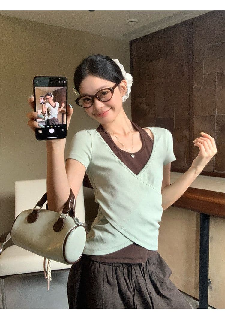 원본 사람들 면 260 그램 한 부서 녹색 페이크 레이어드 행침 목 티셔츠 여름 쇼트 스타일 핫걸 작은 맨위 상세 이미지 6