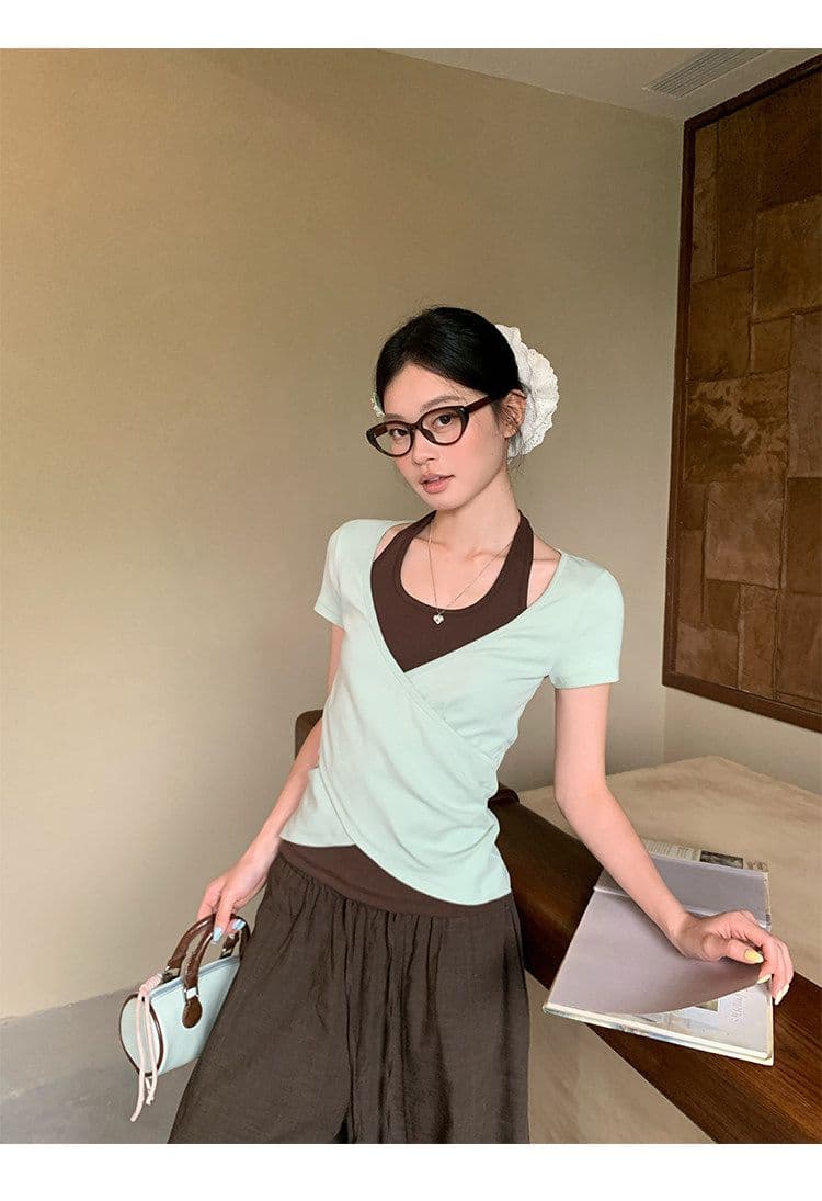 원본 사람들 면 260 그램 한 부서 녹색 페이크 레이어드 행침 목 티셔츠 여름 쇼트 스타일 핫걸 작은 맨위 상세 이미지 8