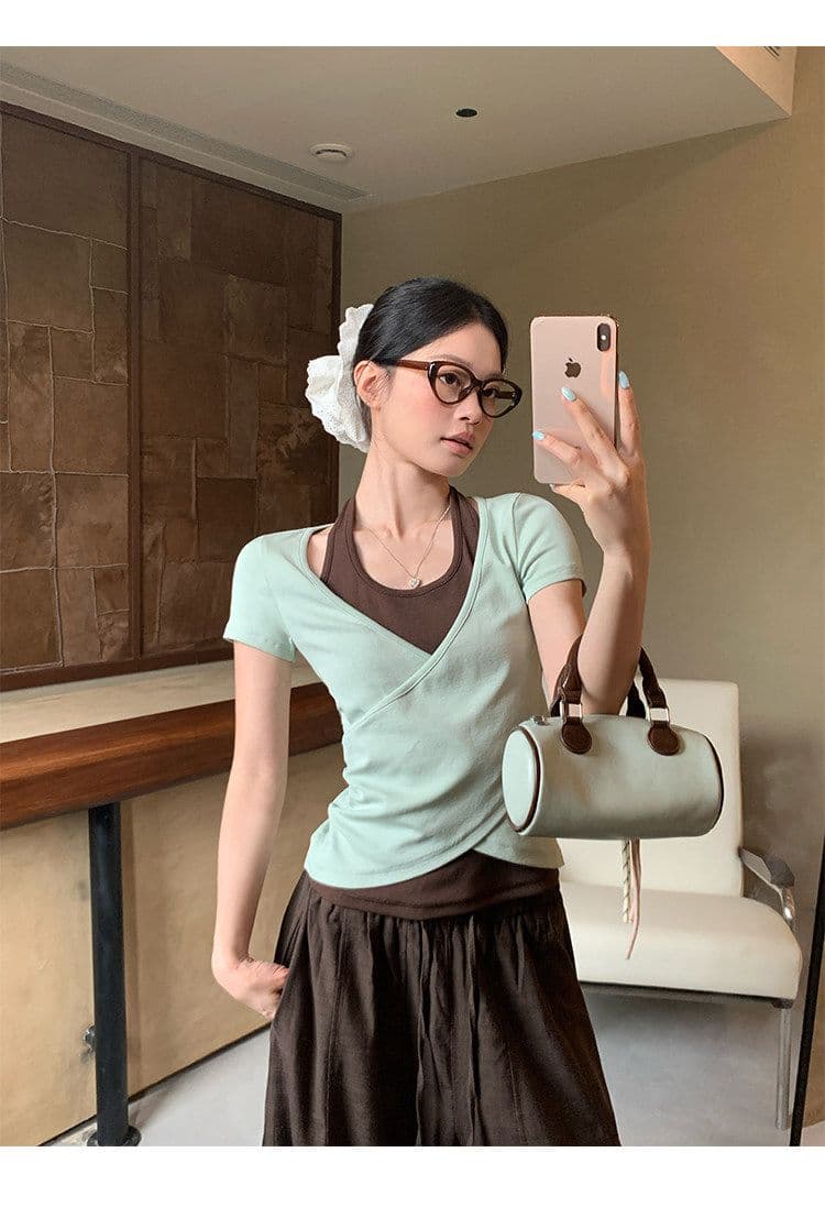 원본 사람들 면 260 그램 한 부서 녹색 페이크 레이어드 행침 목 티셔츠 여름 쇼트 스타일 핫걸 작은 맨위 상세 이미지 10