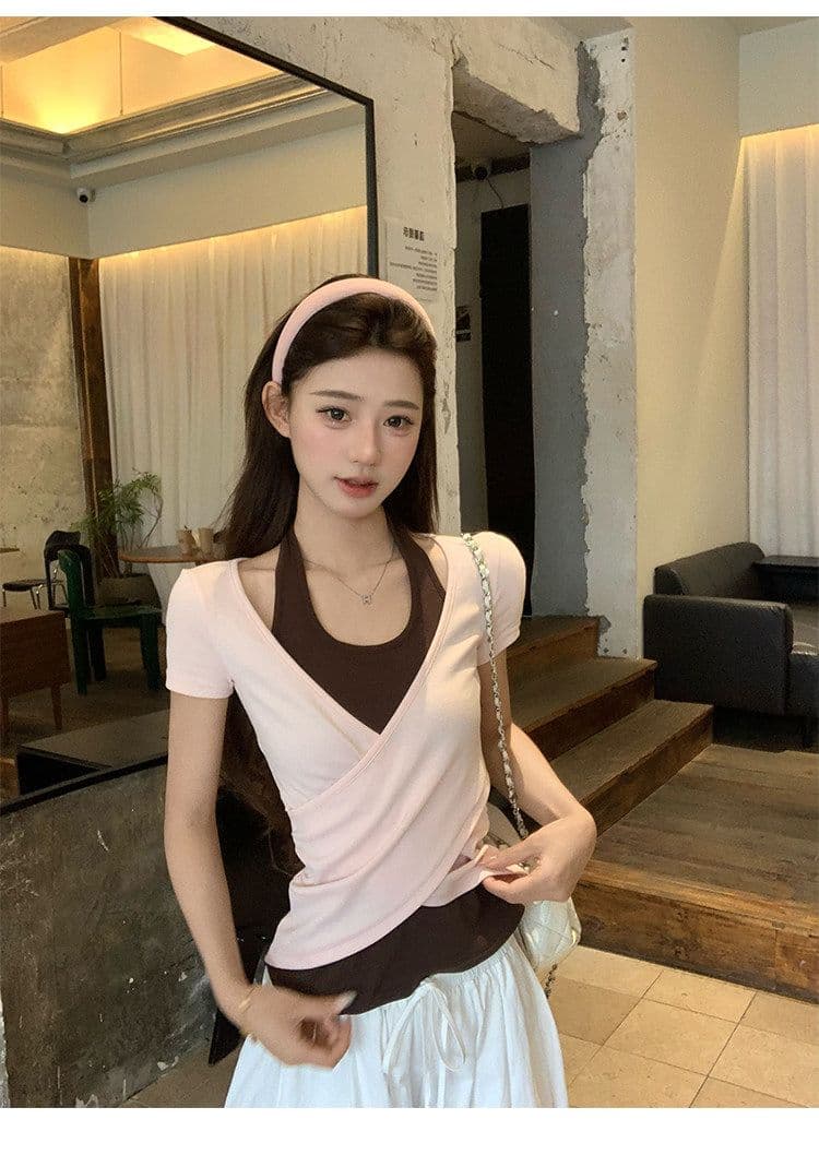 원본 사람들 면 260 그램 한 부서 녹색 페이크 레이어드 행침 목 티셔츠 여름 쇼트 스타일 핫걸 작은 맨위 상세 이미지 18