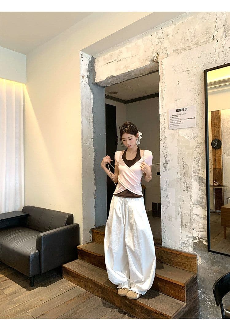 원본 사람들 면 260 그램 한 부서 녹색 페이크 레이어드 행침 목 티셔츠 여름 쇼트 스타일 핫걸 작은 맨위 상세 이미지 19