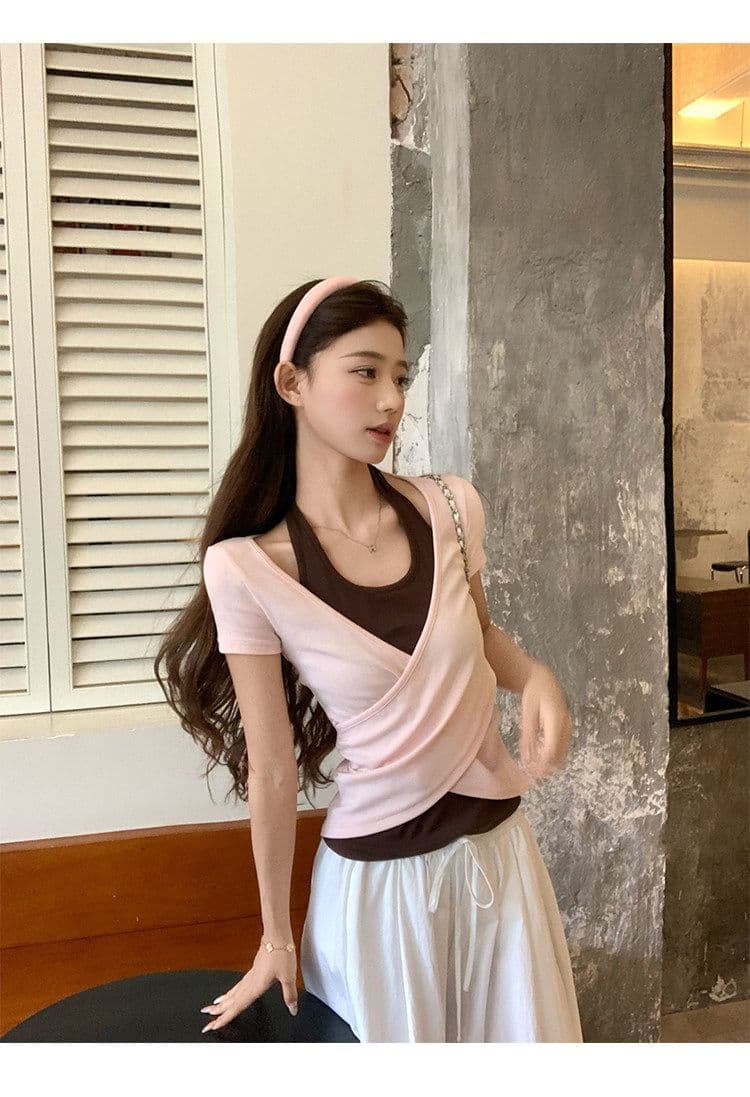 원본 사람들 면 260 그램 한 부서 녹색 페이크 레이어드 행침 목 티셔츠 여름 쇼트 스타일 핫걸 작은 맨위 상세 이미지 21