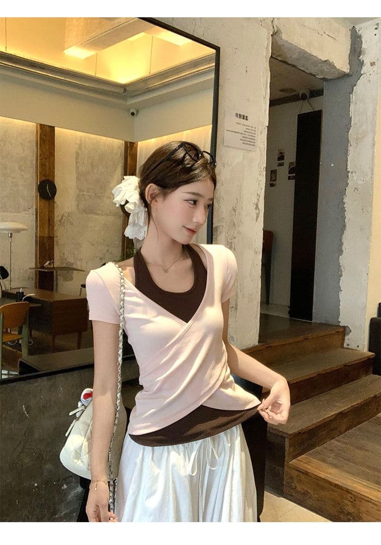 원본 사람들 면 260 그램 한 부서 녹색 페이크 레이어드 행침 목 티셔츠 여름 쇼트 스타일 핫걸 작은 맨위 상세 이미지 22