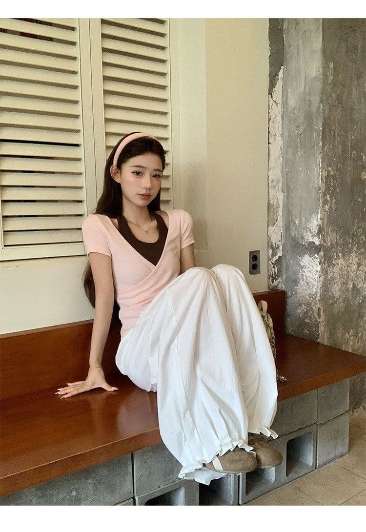 원본 사람들 면 260 그램 한 부서 녹색 페이크 레이어드 행침 목 티셔츠 여름 쇼트 스타일 핫걸 작은 맨위 상세 이미지 23