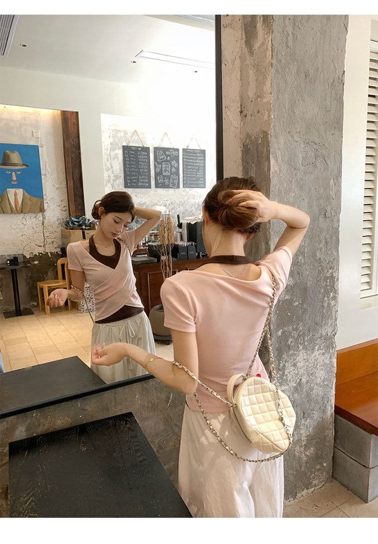 원본 사람들 면 260 그램 한 부서 녹색 페이크 레이어드 행침 목 티셔츠 여름 쇼트 스타일 핫걸 작은 맨위 상세 이미지 24