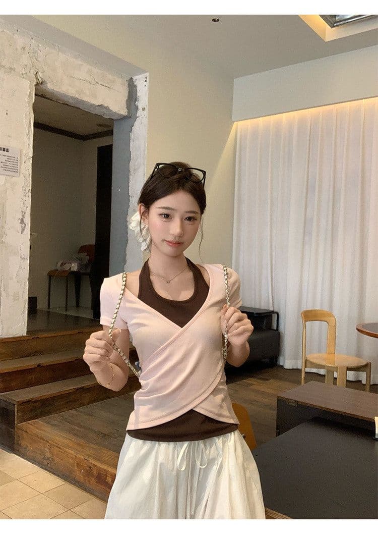 원본 사람들 면 260 그램 한 부서 녹색 페이크 레이어드 행침 목 티셔츠 여름 쇼트 스타일 핫걸 작은 맨위 상세 이미지 25