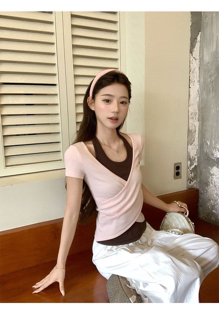 원본 사람들 면 260 그램 한 부서 녹색 페이크 레이어드 행침 목 티셔츠 여름 쇼트 스타일 핫걸 작은 맨위 상세 이미지 29