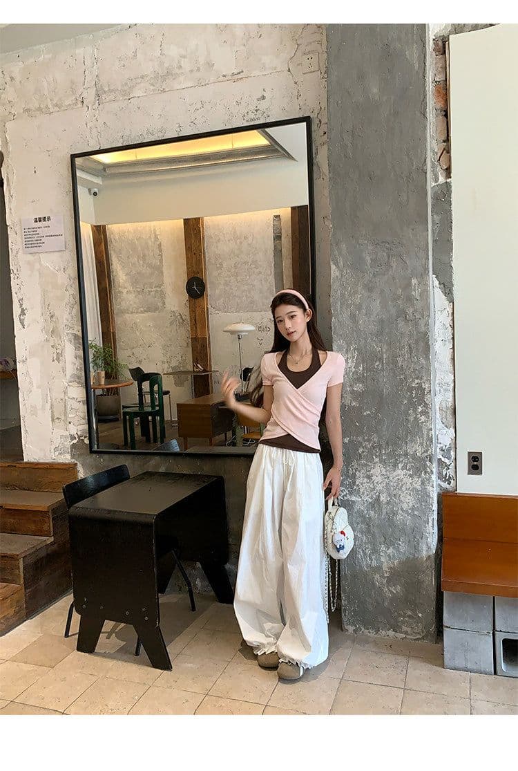원본 사람들 면 260 그램 한 부서 녹색 페이크 레이어드 행침 목 티셔츠 여름 쇼트 스타일 핫걸 작은 맨위 상세 이미지 30