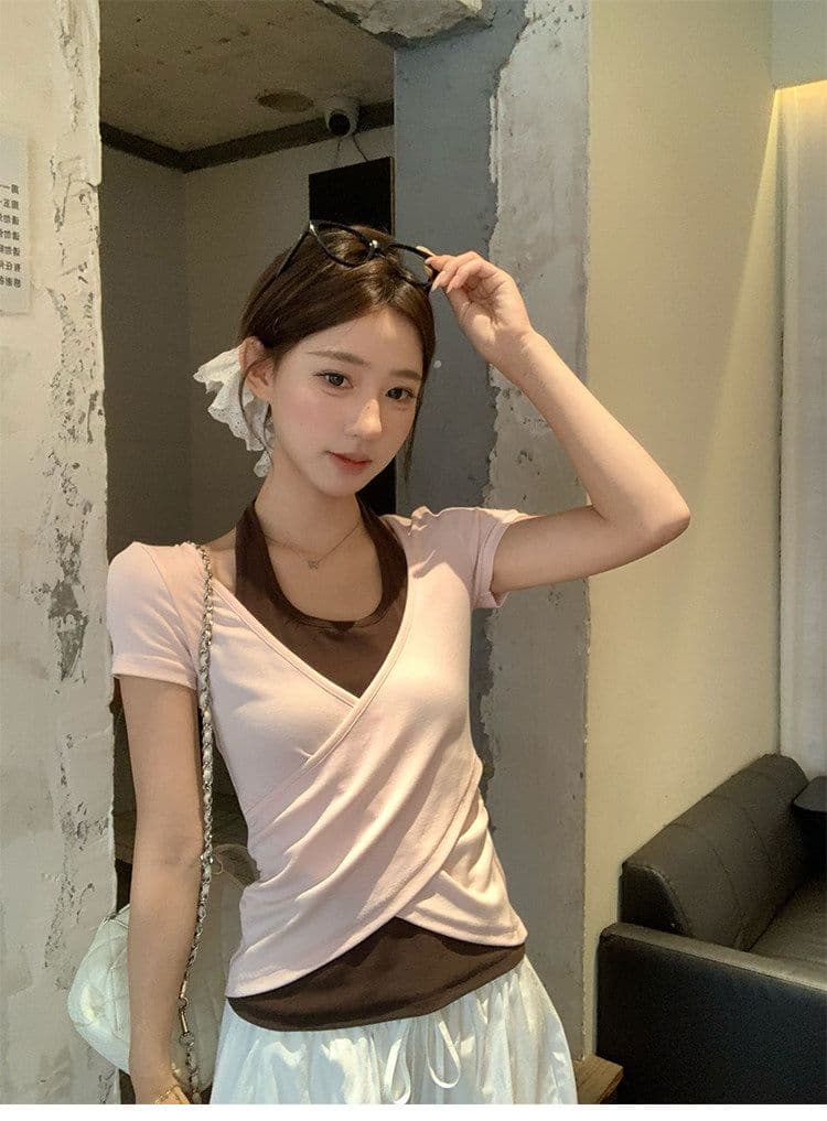원본 사람들 면 260 그램 한 부서 녹색 페이크 레이어드 행침 목 티셔츠 여름 쇼트 스타일 핫걸 작은 맨위 상세 이미지 31
