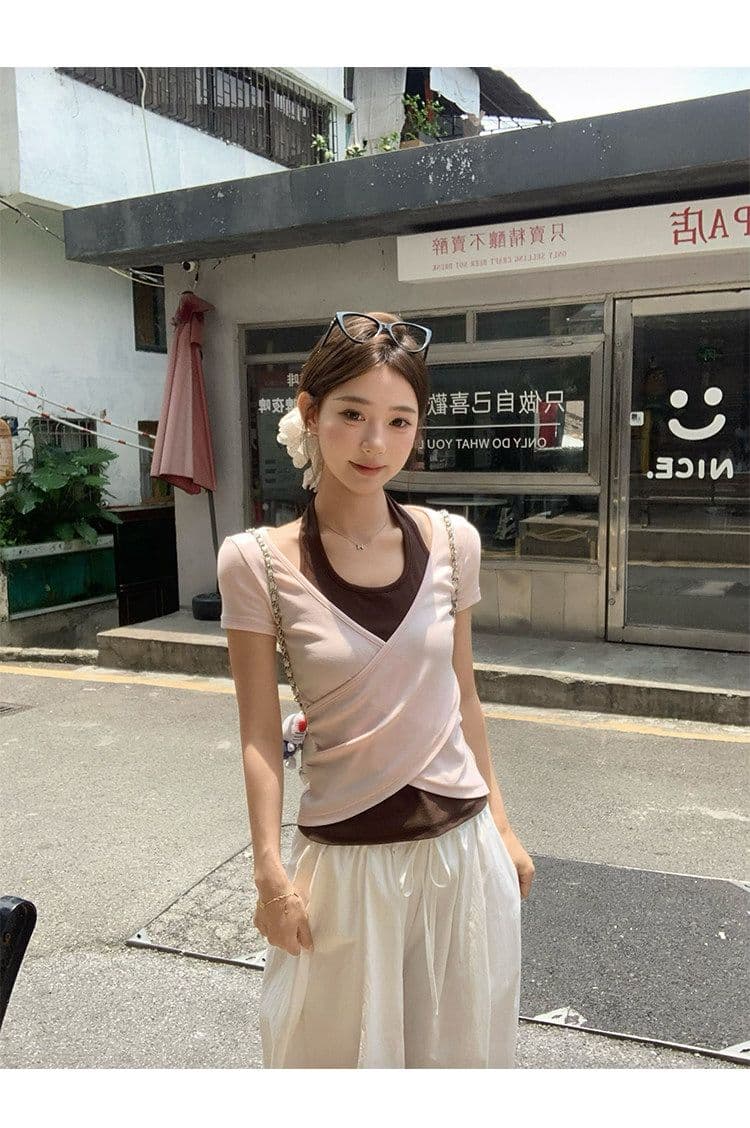 원본 사람들 면 260 그램 한 부서 녹색 페이크 레이어드 행침 목 티셔츠 여름 쇼트 스타일 핫걸 작은 맨위 상세 이미지 32