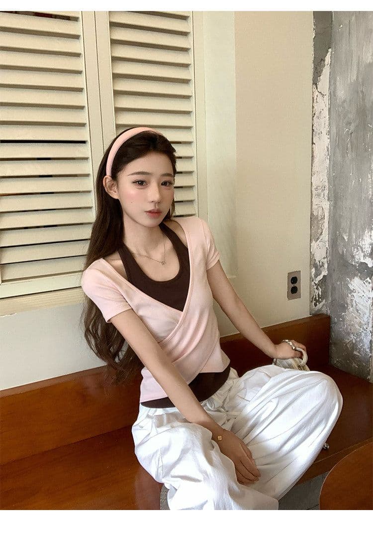 원본 사람들 면 260 그램 한 부서 녹색 페이크 레이어드 행침 목 티셔츠 여름 쇼트 스타일 핫걸 작은 맨위 상세 이미지 33