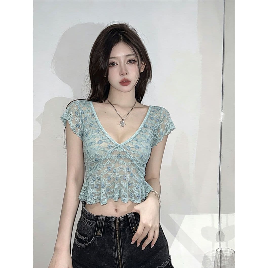 순수한 욕망 바람 섹시함 시스루 깊은 v 레이스 셔츠 여성 의류 여름 프랑스식 꽃무늬 핑크색 핫걸 작은 대중 맨위