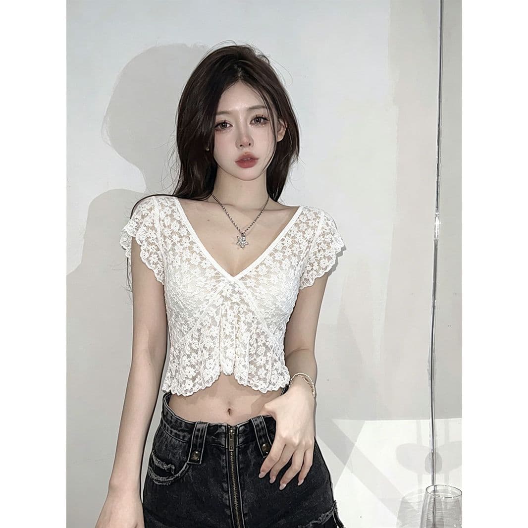 순수한 욕망 바람 섹시함 시스루 깊은 v 레이스 셔츠 여성 의류 여름 프랑스식 꽃무늬 핑크색 핫걸 작은 대중 맨위 이미지 2