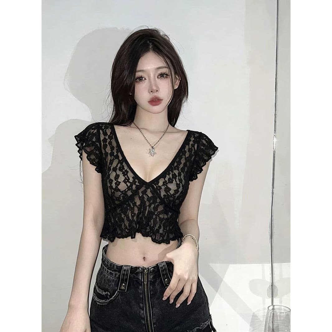 순수한 욕망 바람 섹시함 시스루 깊은 v 레이스 셔츠 여성 의류 여름 프랑스식 꽃무늬 핑크색 핫걸 작은 대중 맨위 이미지 3
