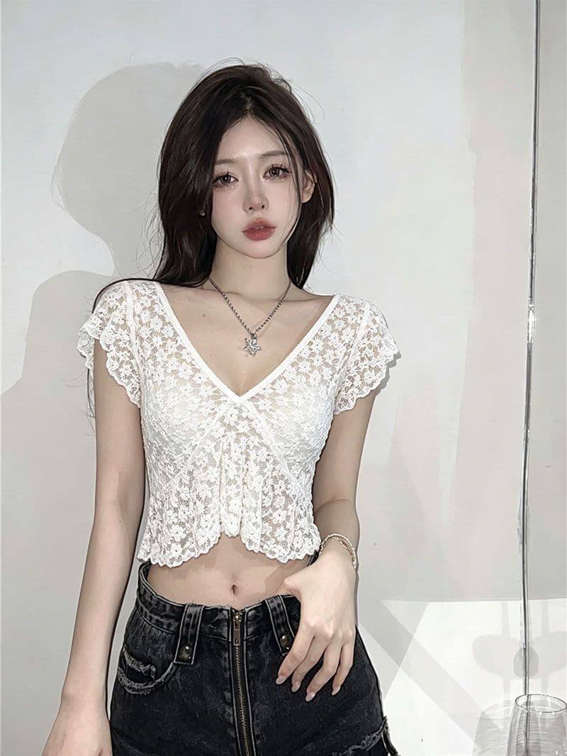 순수한 욕망 바람 섹시함 시스루 깊은 v 레이스 셔츠 여성 의류 여름 프랑스식 꽃무늬 핑크색 핫걸 작은 대중 맨위 상세 이미지 10