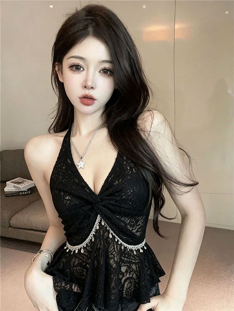 원본 원단 디자인 센스 V넥 레이스 비틀림 민소매 행침 목 조끼 여름 아름다움 뒤로 핫걸 맨위 이미지 3