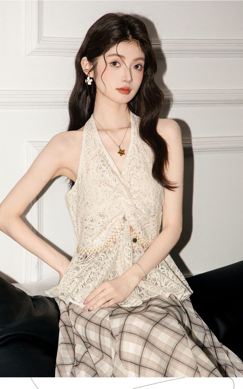 원본 원단 디자인 센스 V넥 레이스 비틀림 민소매 행침 목 조끼 여름 아름다움 뒤로 핫걸 맨위 상세 이미지 10