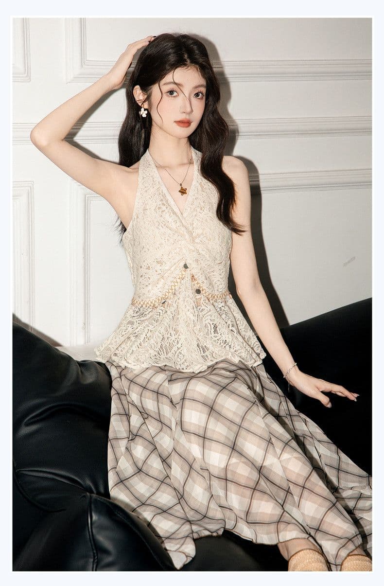 원본 원단 디자인 센스 V넥 레이스 비틀림 민소매 행침 목 조끼 여름 아름다움 뒤로 핫걸 맨위 상세 이미지 11
