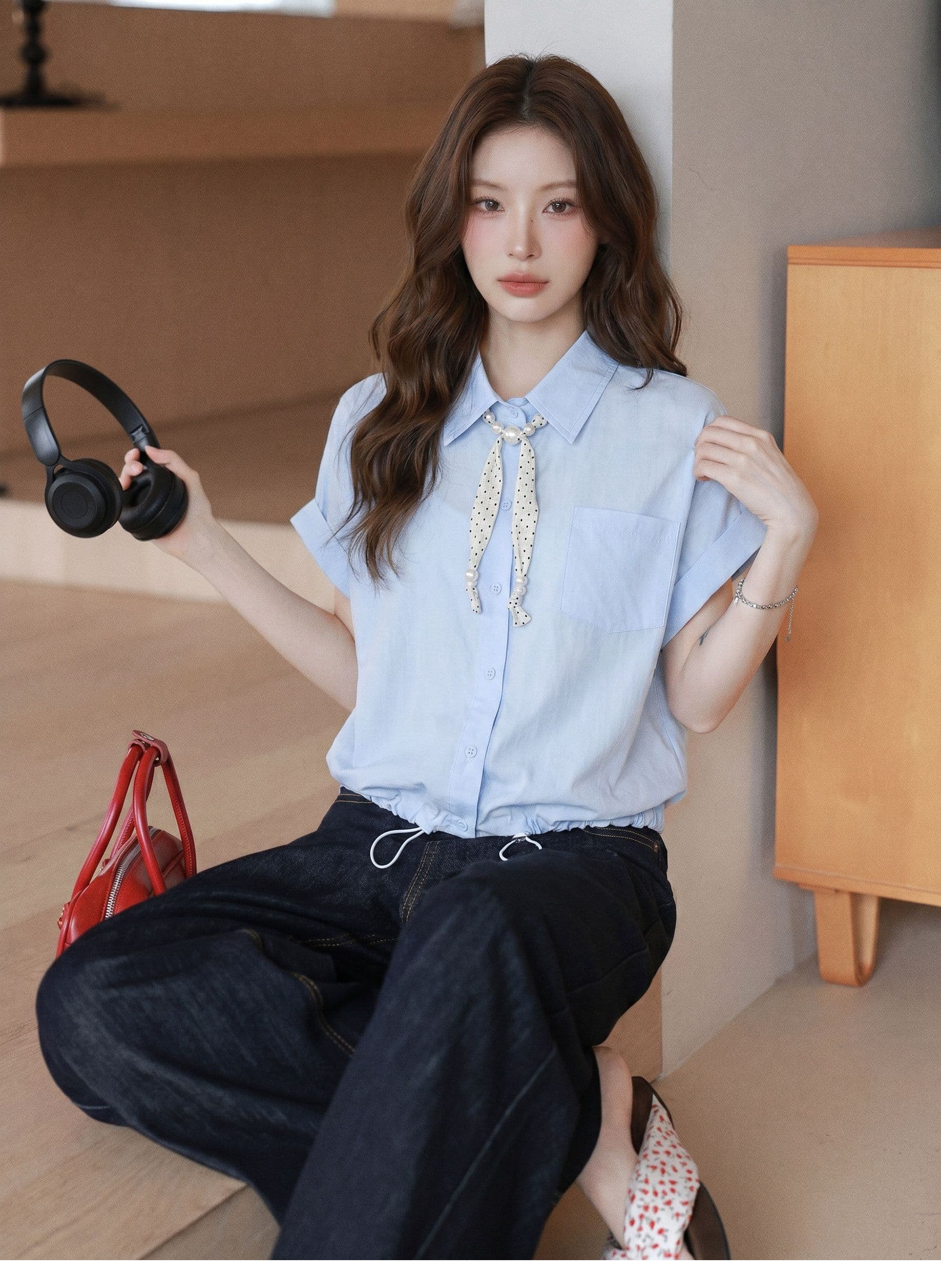 원본 것 한 부서 파란색 반팔 여성 셔츠 여름 도트 무늬 리본 펌프 로프 슬림해 보이는 학원 스타일 맨위 상세 이미지 2