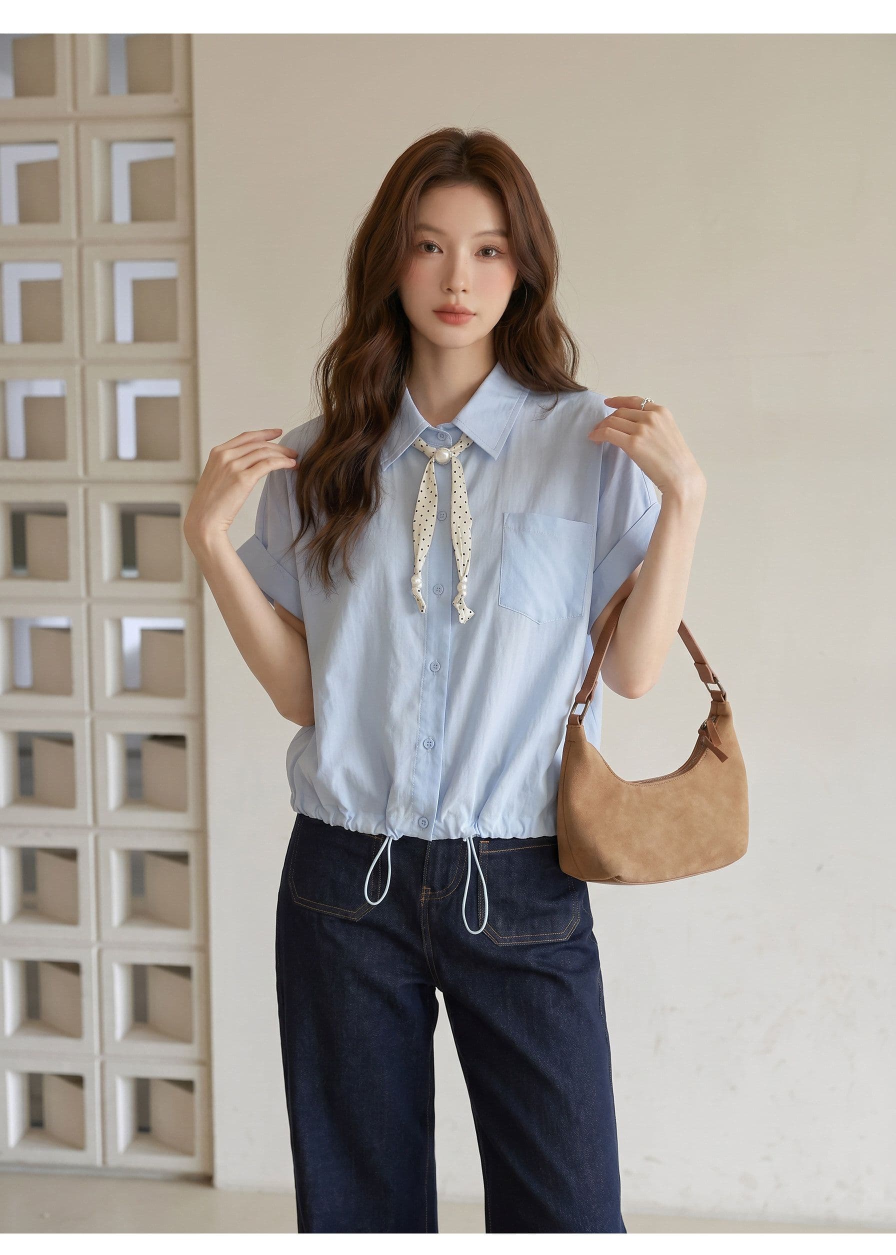 원본 것 한 부서 파란색 반팔 여성 셔츠 여름 도트 무늬 리본 펌프 로프 슬림해 보이는 학원 스타일 맨위 상세 이미지 4