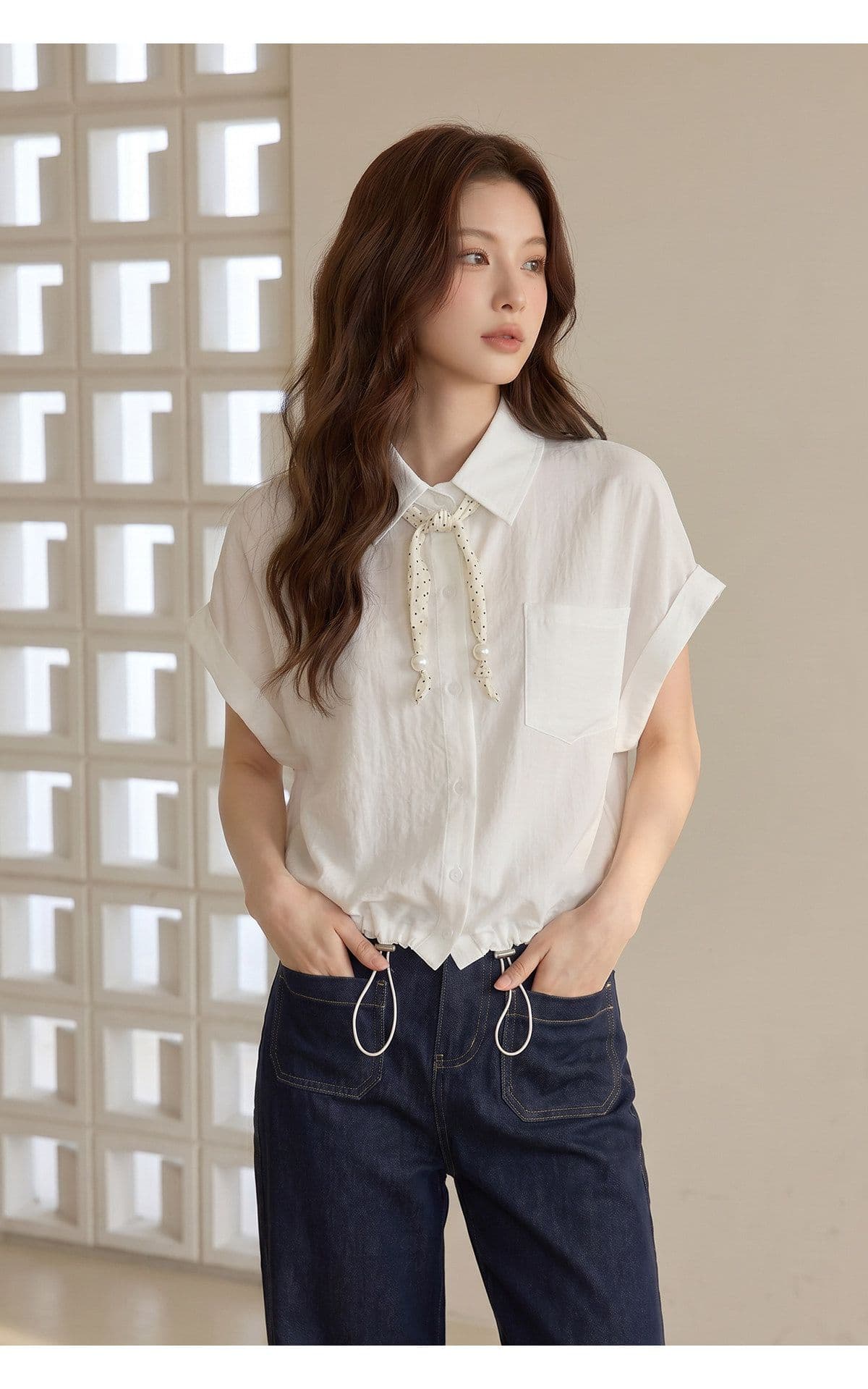 원본 것 한 부서 파란색 반팔 여성 셔츠 여름 도트 무늬 리본 펌프 로프 슬림해 보이는 학원 스타일 맨위 상세 이미지 9