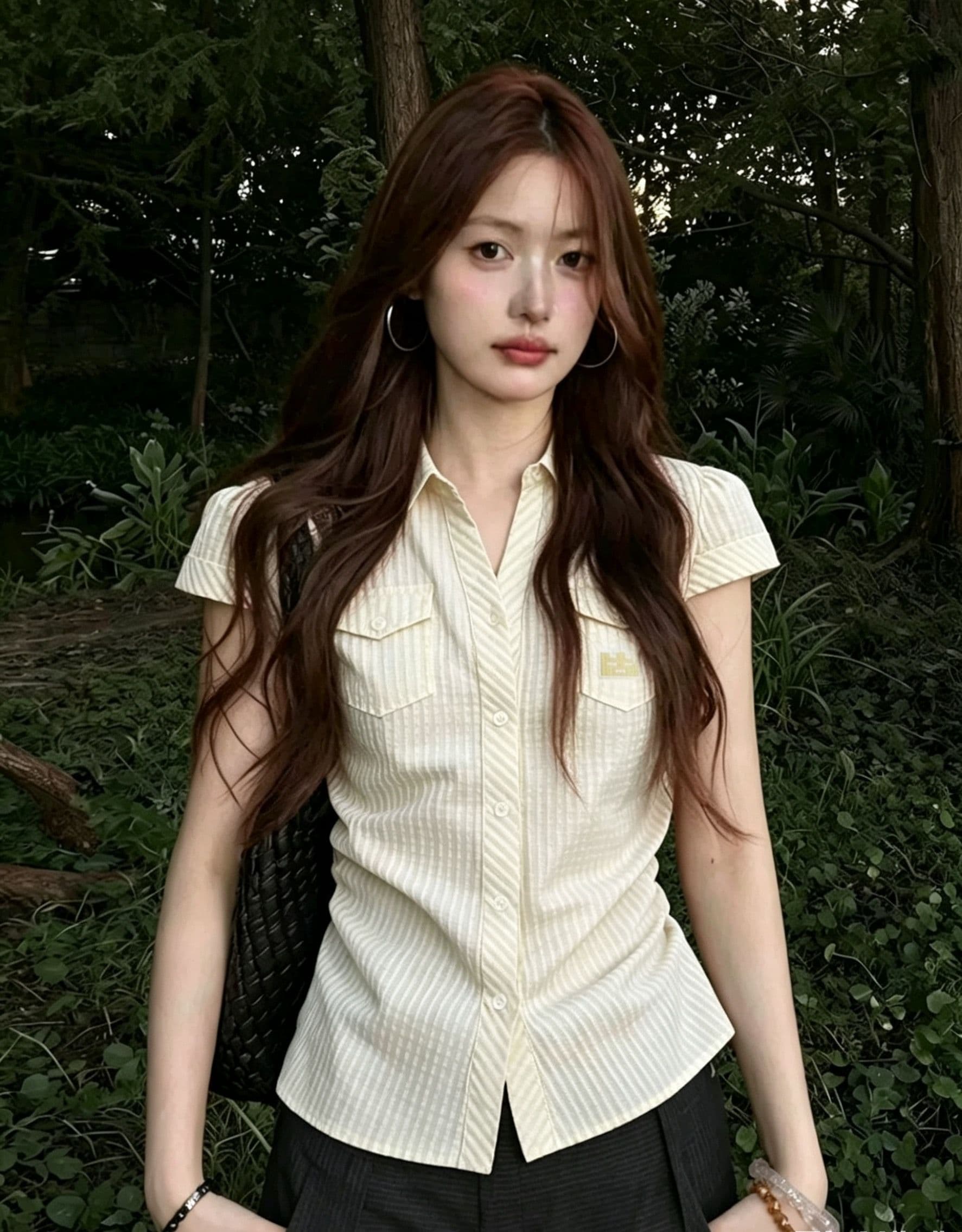 원본 자카드 스트라이프 프랑스식 폴로 칼라 반팔 여성 셔츠 여름 스트라이프 질감 센스 셔츠 몸매 가꾸기 맨위 상세 이미지 3