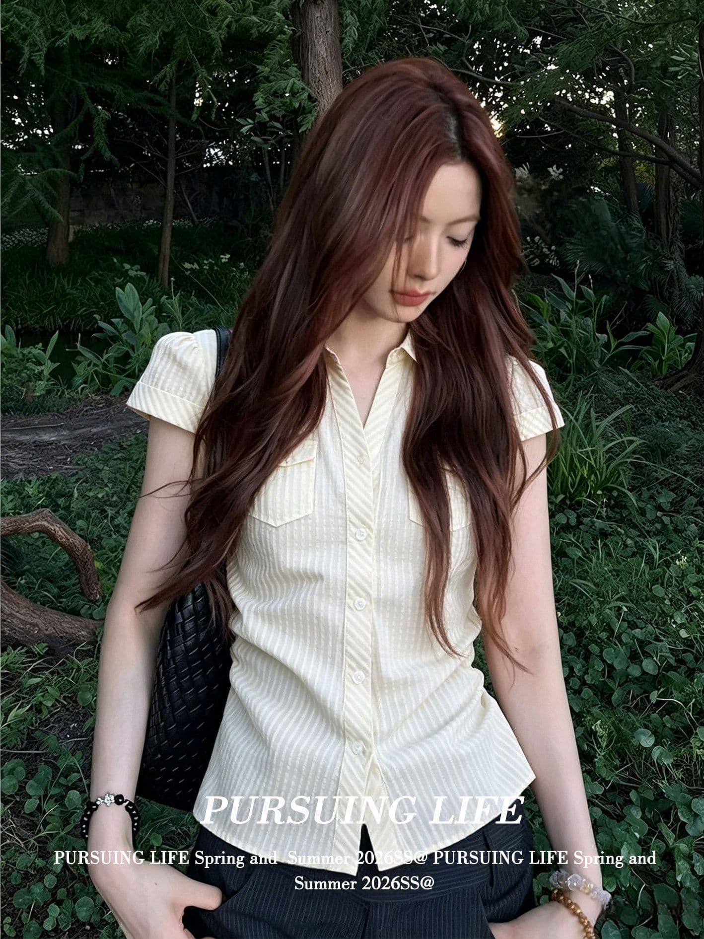 원본 자카드 스트라이프 프랑스식 폴로 칼라 반팔 여성 셔츠 여름 스트라이프 질감 센스 셔츠 몸매 가꾸기 맨위 상세 이미지 4